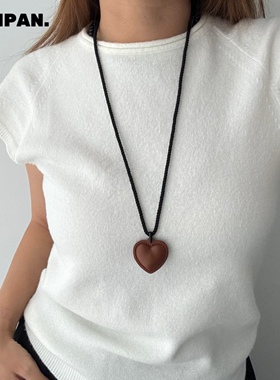 SAMPAN小众设计fever同款皮质棕色爱心项链女黑绳韩系长款锁骨链