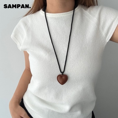 SAMPAN小众设计fever同款皮质棕色爱心项链女黑绳韩系长款锁骨链