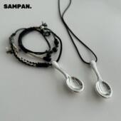 黑绳毛衣链设计师款 王鹤棣同款 手工编制银色勺子项链长款 颈链男女