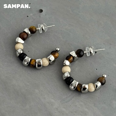 SAMPAN小众设计虎眼石不规则碎银子串珠耳环女2026新款高级感耳饰