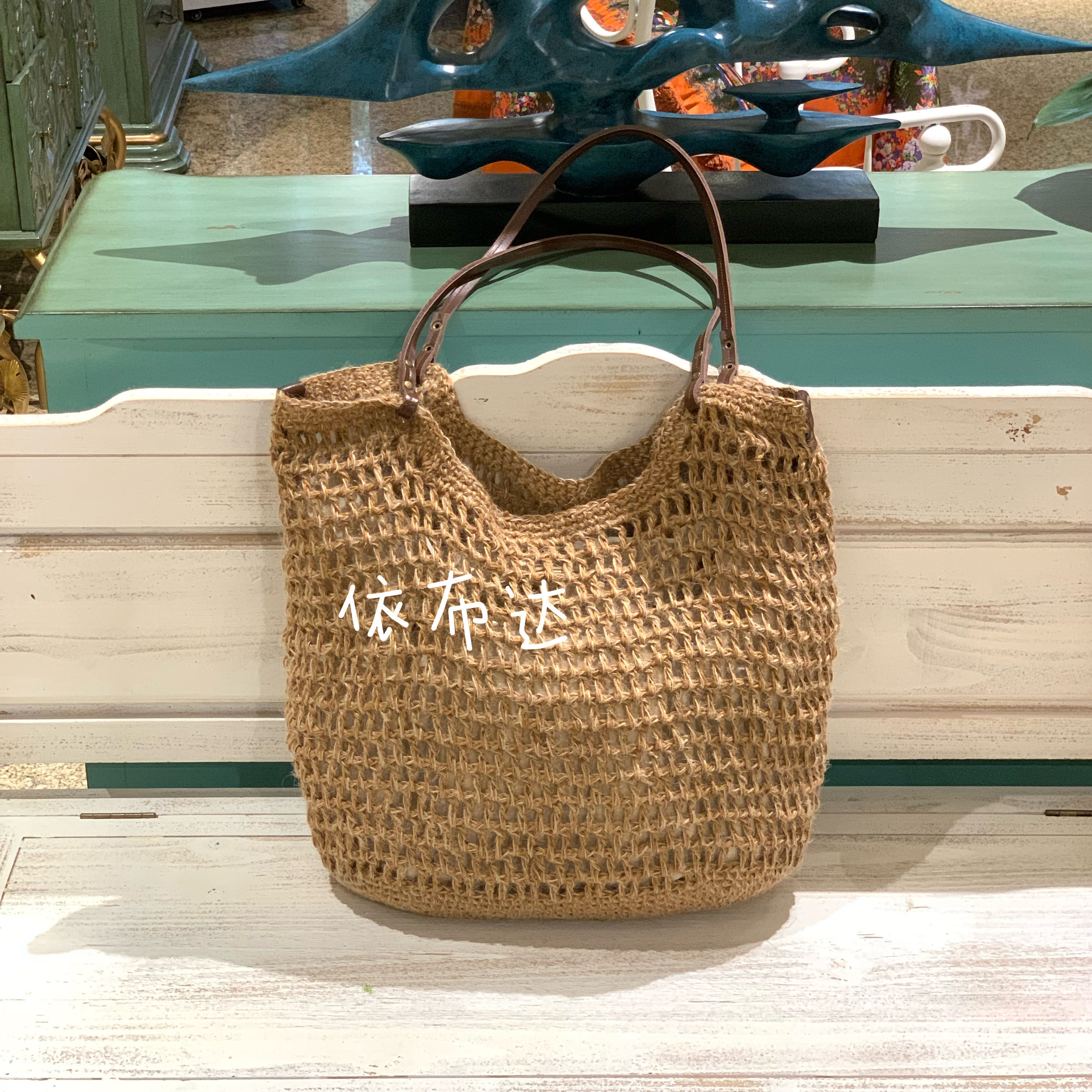 复古镂空麻编包高品质外贸原单编织包真皮接拼棉包单肩棉麻托特包图片