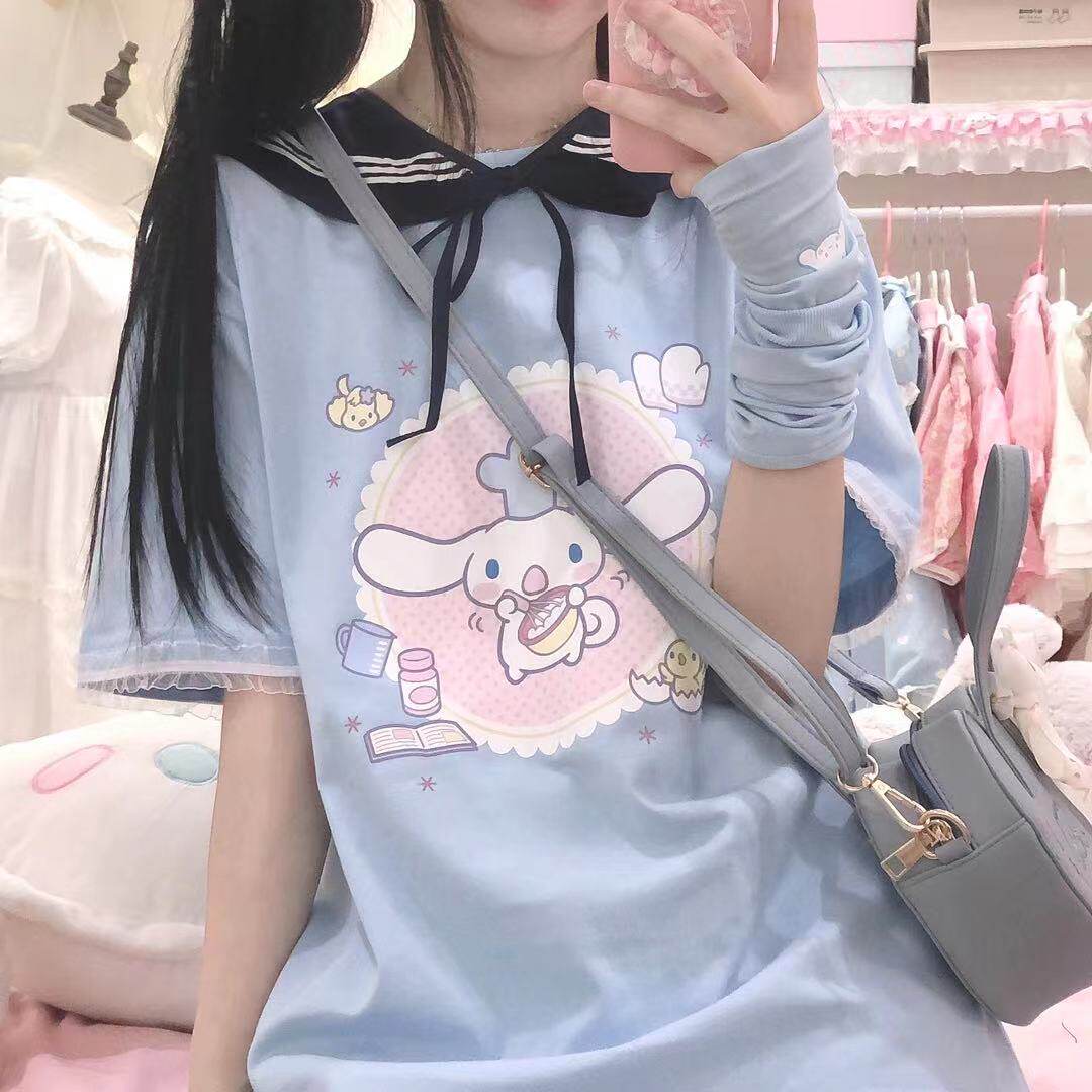 原创日系甜妹大耳狗印花奶蓝可爱软妹圆领宽松少女上衣短袖女