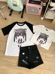 原创黑白插肩圆领宽松亚萌感短袖女亚文化印花二次元纯棉动漫T恤