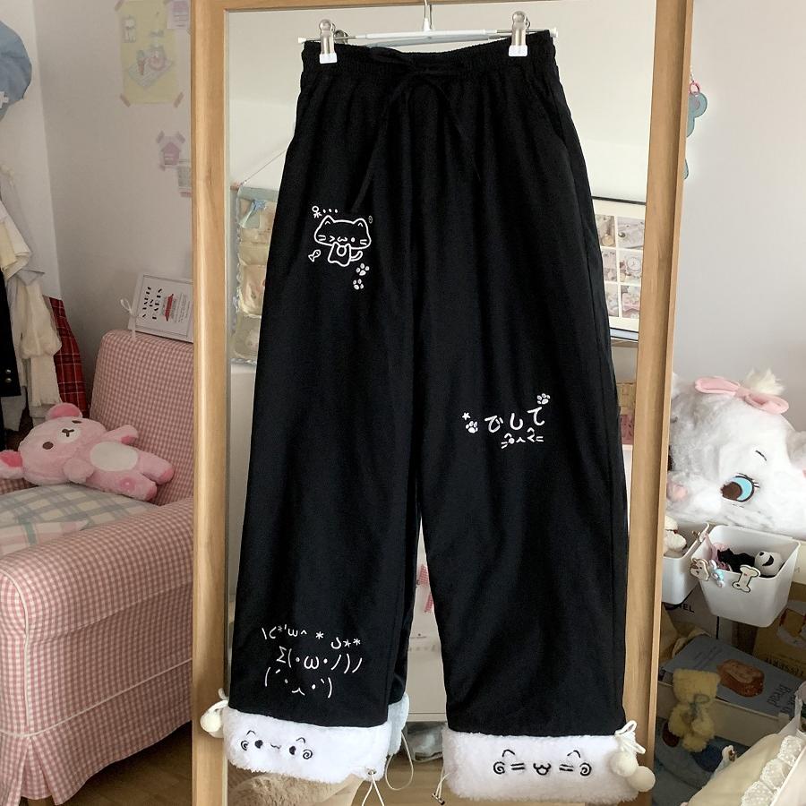 宅萌系加绒黑色休闲裤女