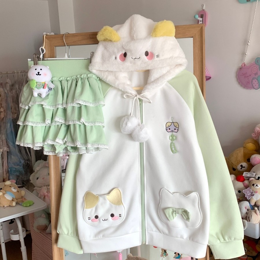 blurredbear原创日系软妹kt猫连帽开衫卫衣女秋冬季甜妹秋冬外套