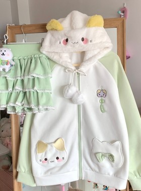 blurredbear原创日系软妹kt猫连帽开衫卫衣女秋冬季甜妹秋冬外套