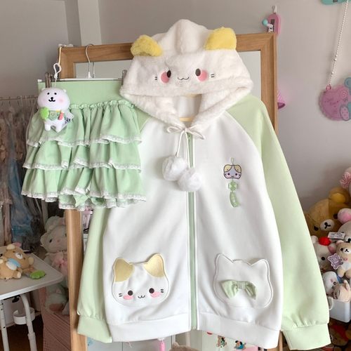 blurredbear原创日系软妹kt猫连帽开衫卫衣女秋冬季甜妹秋冬外套