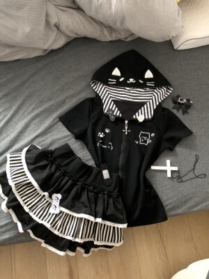 迷糊小熊宅系软妹宅萌系印花短袖修身收腰猫耳短袖百搭蓬蓬裙套装