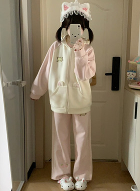 blurredbear原创日系软妹运动套装女秋冬可爱连帽卫衣外套长裤女