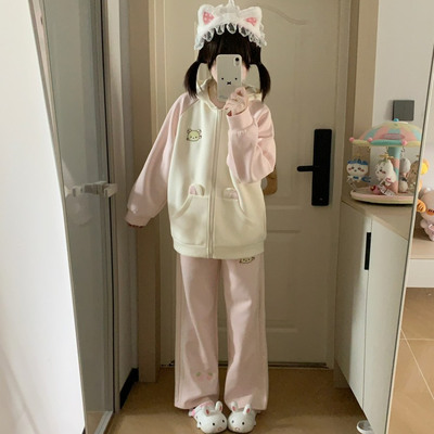 blurredbear原创日系软妹运动套装女秋冬可爱连帽卫衣外套长裤女