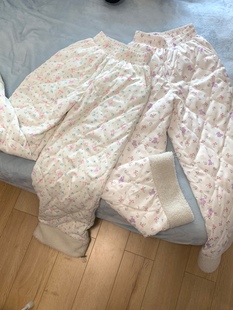 原创韩系碎花保暖加绒加厚羽绒裤女甜美百搭小个子特厚东北长裤子