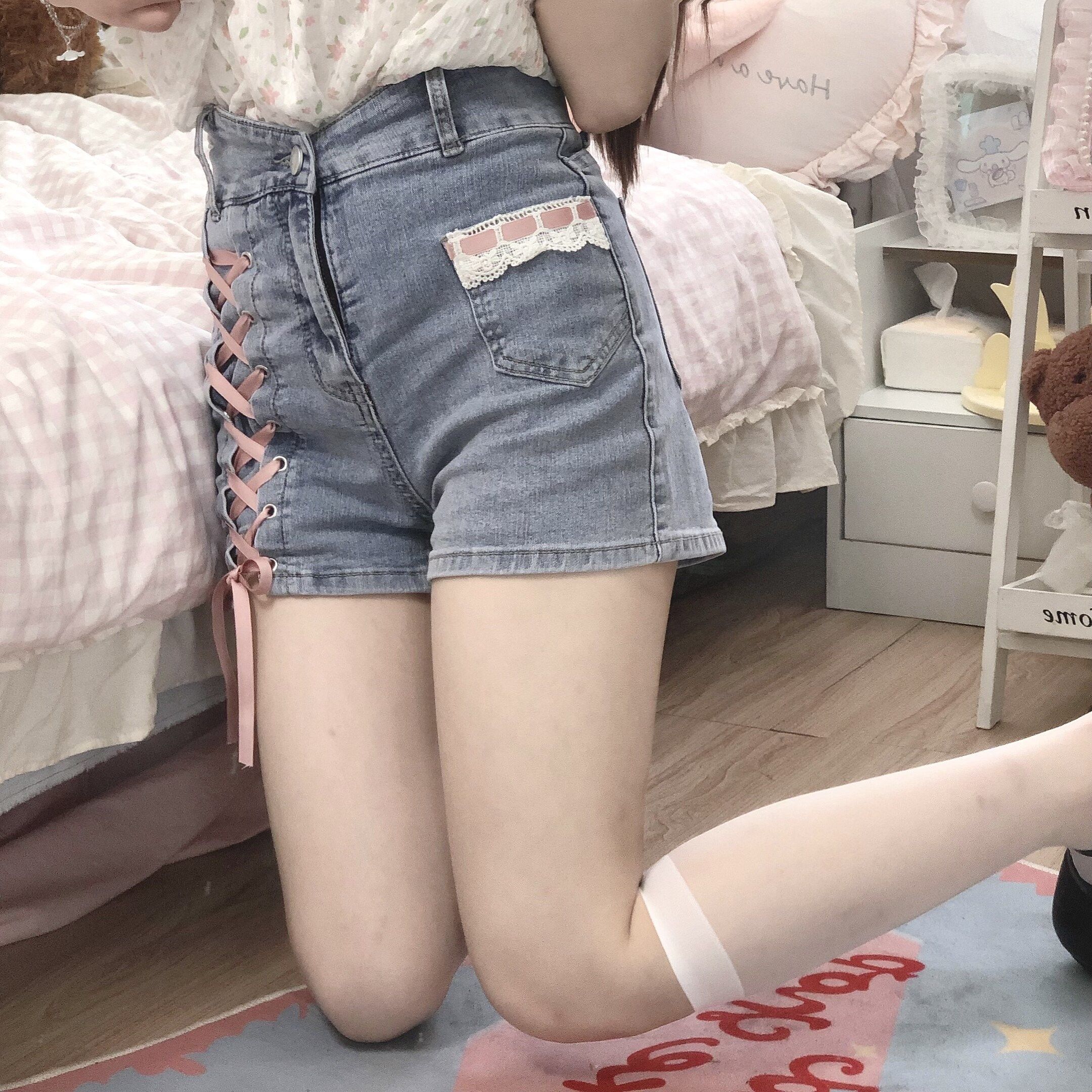 纯欲少女牛仔短裤夏季2023新款女可爱软妹阔腿中裤宽松学生五分裤