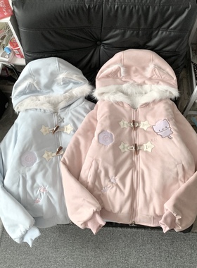 Blurred bear原创日系软妹可爱猫咪刺绣加厚保暖棉衣麂皮绒外套女