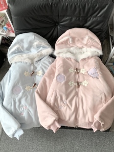 Blurred bear原创日系软妹可爱猫咪刺绣加厚保暖棉衣麂皮绒外套女