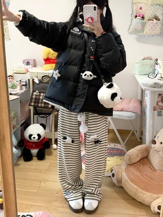 日系学院风条纹阔腿裤女加厚高腰垂感宽松休闲显瘦加绒针织直筒裤