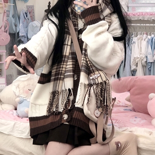 新款秋冬仿羊绒格子保暖ins潮百搭jk日系百搭可爱围巾女复古围脖