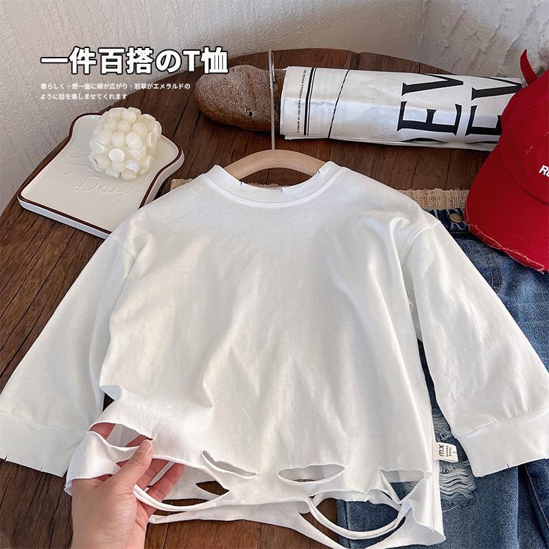 儿童长袖t恤潮韩版童装2026年春装女童男童宝宝个性破洞t白色上衣