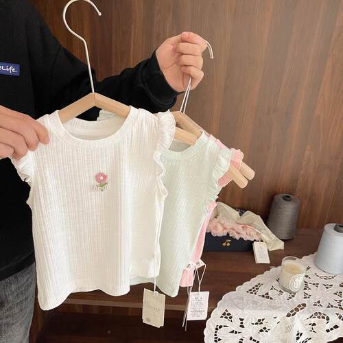 女宝宝冰丝背心吊带夏季新款女童纯棉花边上衣婴儿童坑条无袖T恤