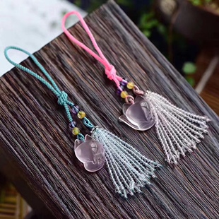 天然粉水晶狐狸挂件手机链汽车钥匙扣包挂粉水晶少女吊坠流苏宫廷