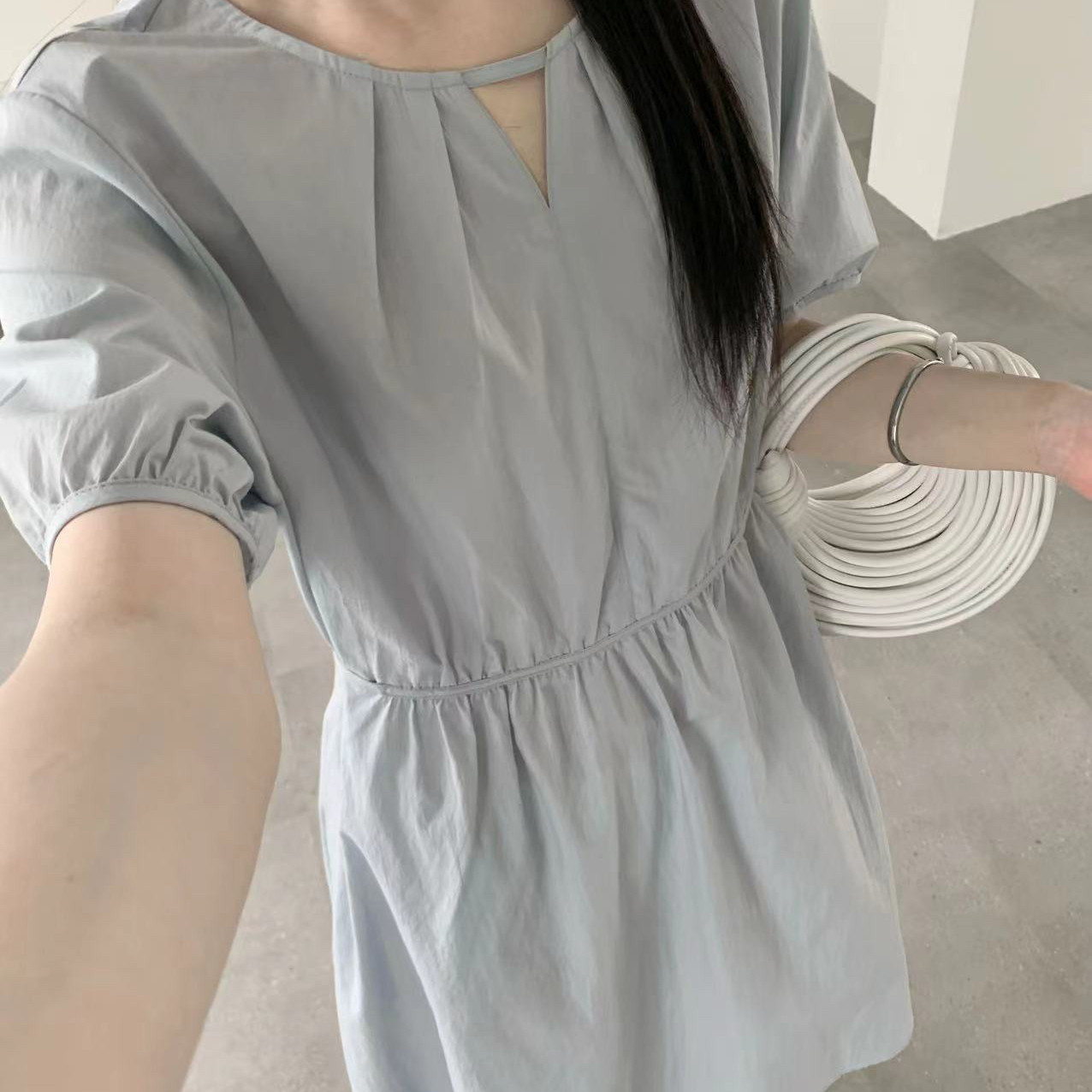 买手严选-泡菜馆-夏上新清新圆领纯色极简短袖拼接系带连衣裙6899