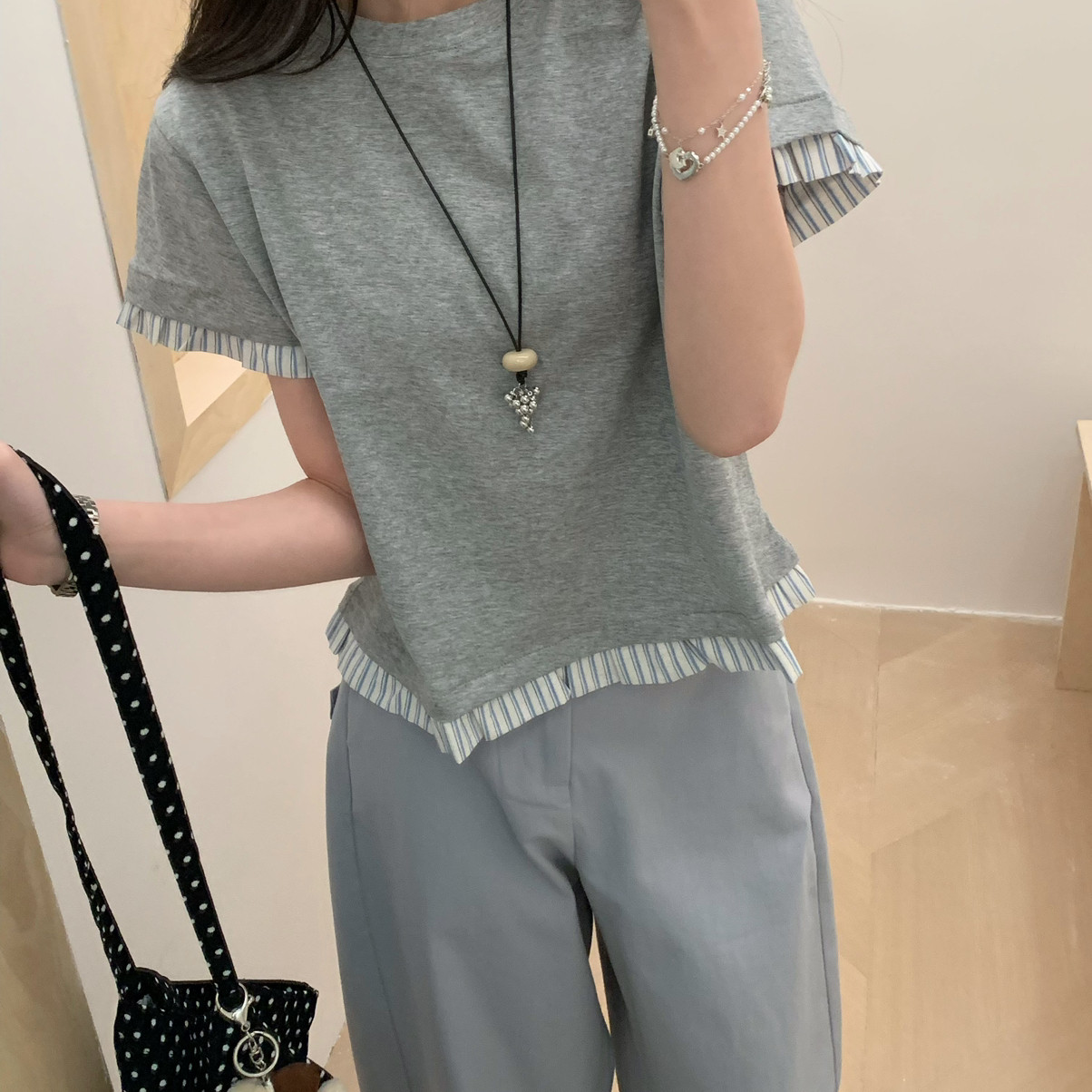 OMELET蛋卷-上新韩系简约百搭袖口下摆拼条纹基础短袖T恤HT26099