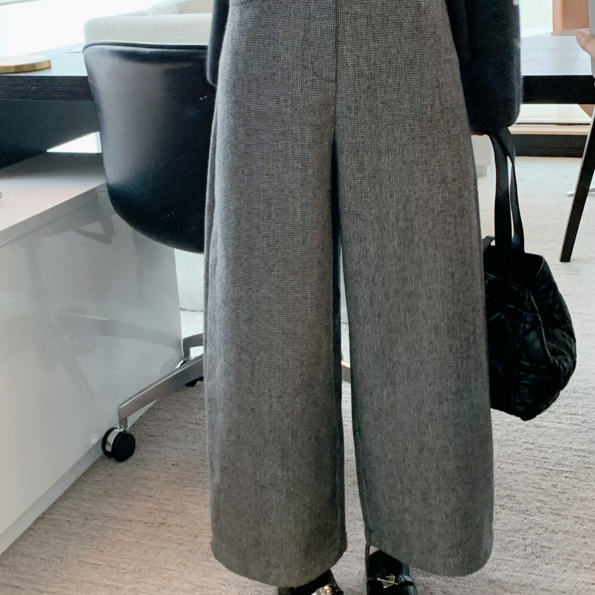 ONION羊毛直筒裤早冬细格纹羊毛直筒裤休闲裤配腰带V258081