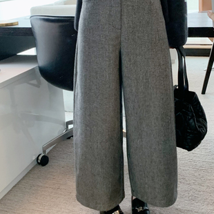 ONION羊毛直筒裤早冬细格纹羊毛直筒裤休闲裤配腰带V258081