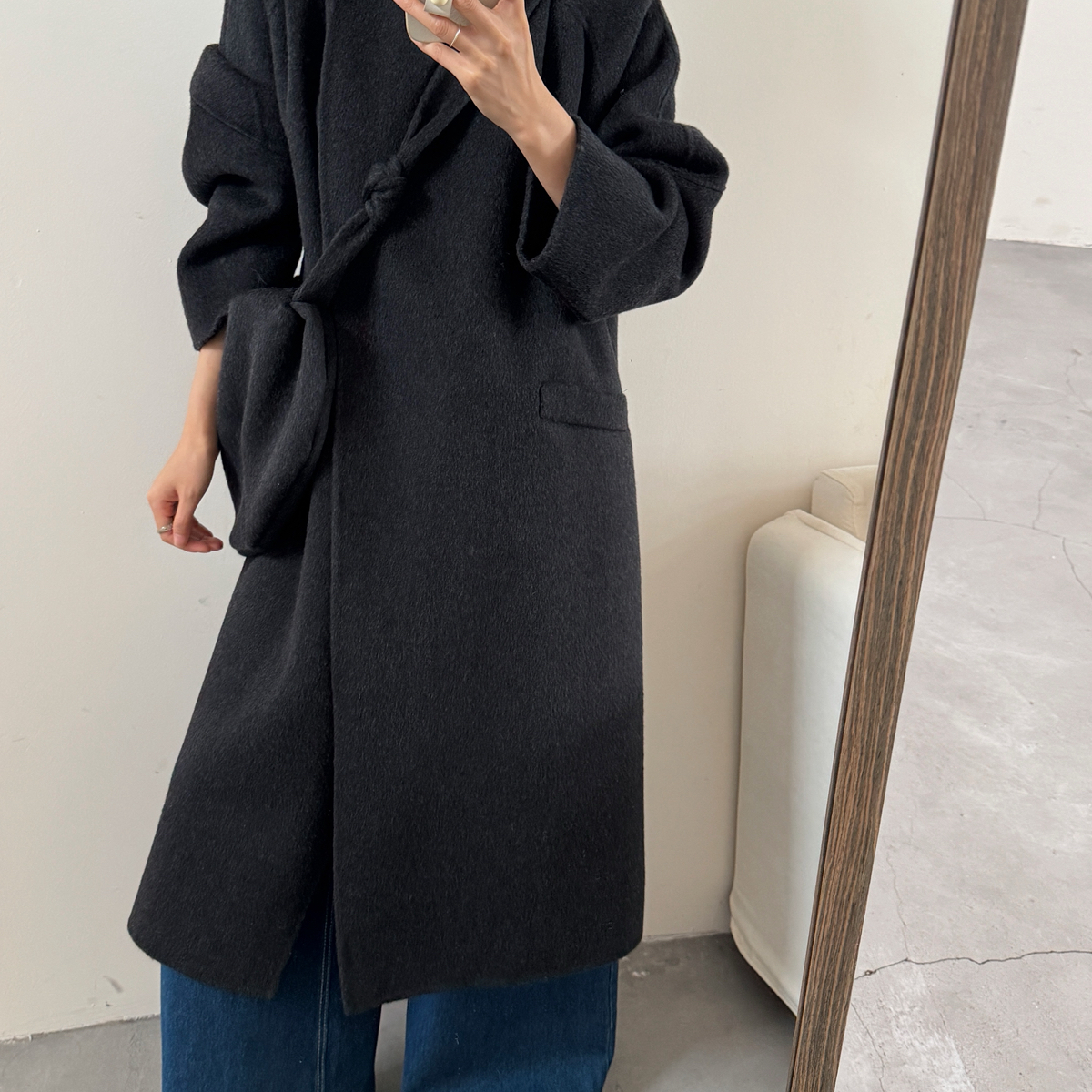 Hand made-立领宽松长款羊毛外套(配包包)（含70绵羊毛）25803-碳