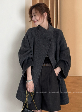 SLN-韩系百搭款一粒扣中长款羊毛外套(配腰带)（含100羊毛）L7178