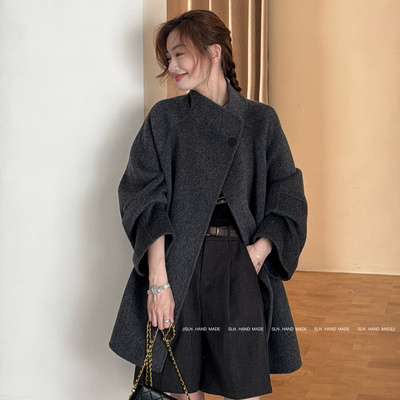 SLN-韩系百搭款一粒扣中长款羊毛外套(配腰带)（含100羊毛）L7178