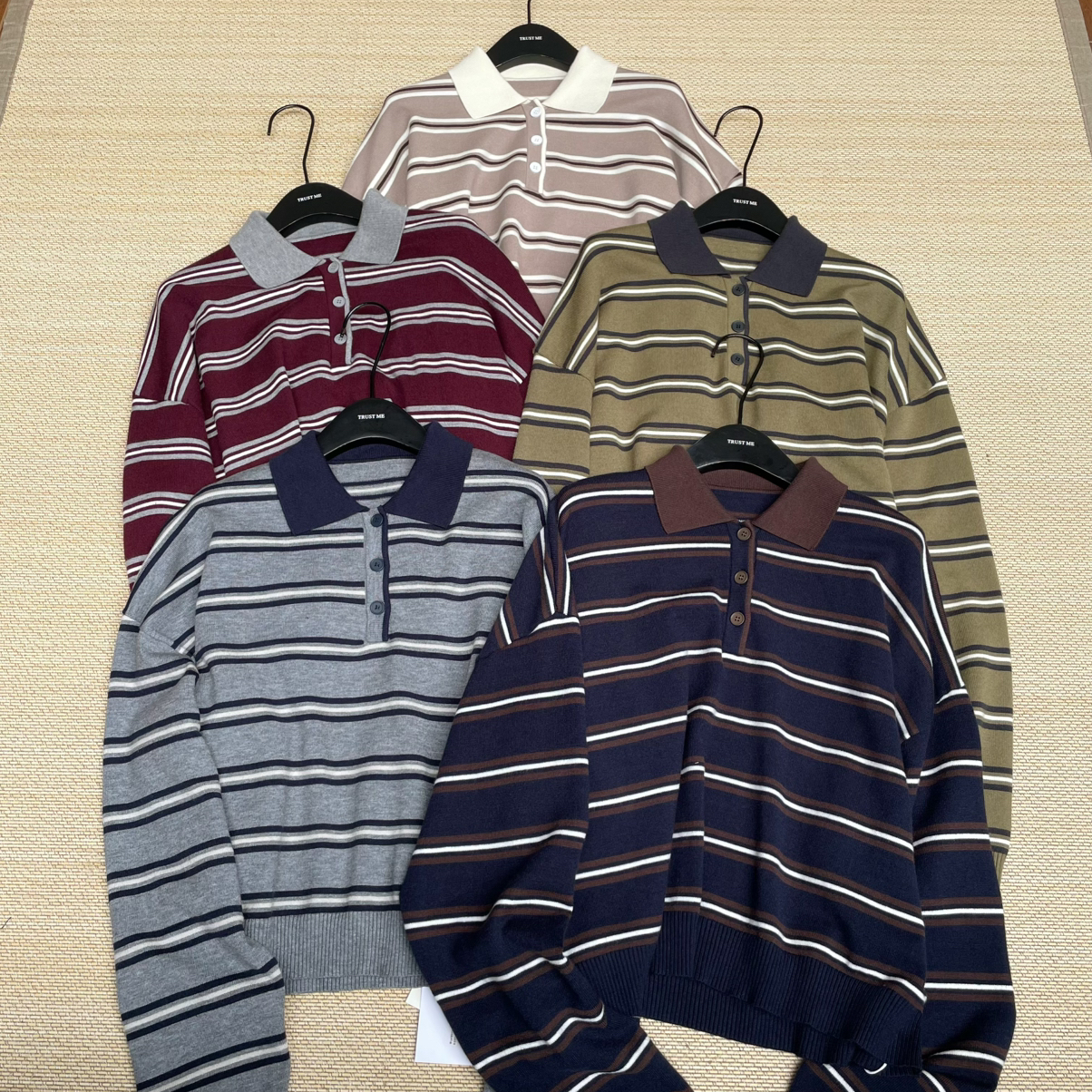 TRUSTME痞懒条纹拼色翻领POLO衫套头长袖保暖毛衣（含50羊毛）730