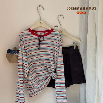 milk-秋上新新款撞色圆领条纹长袖T恤8022