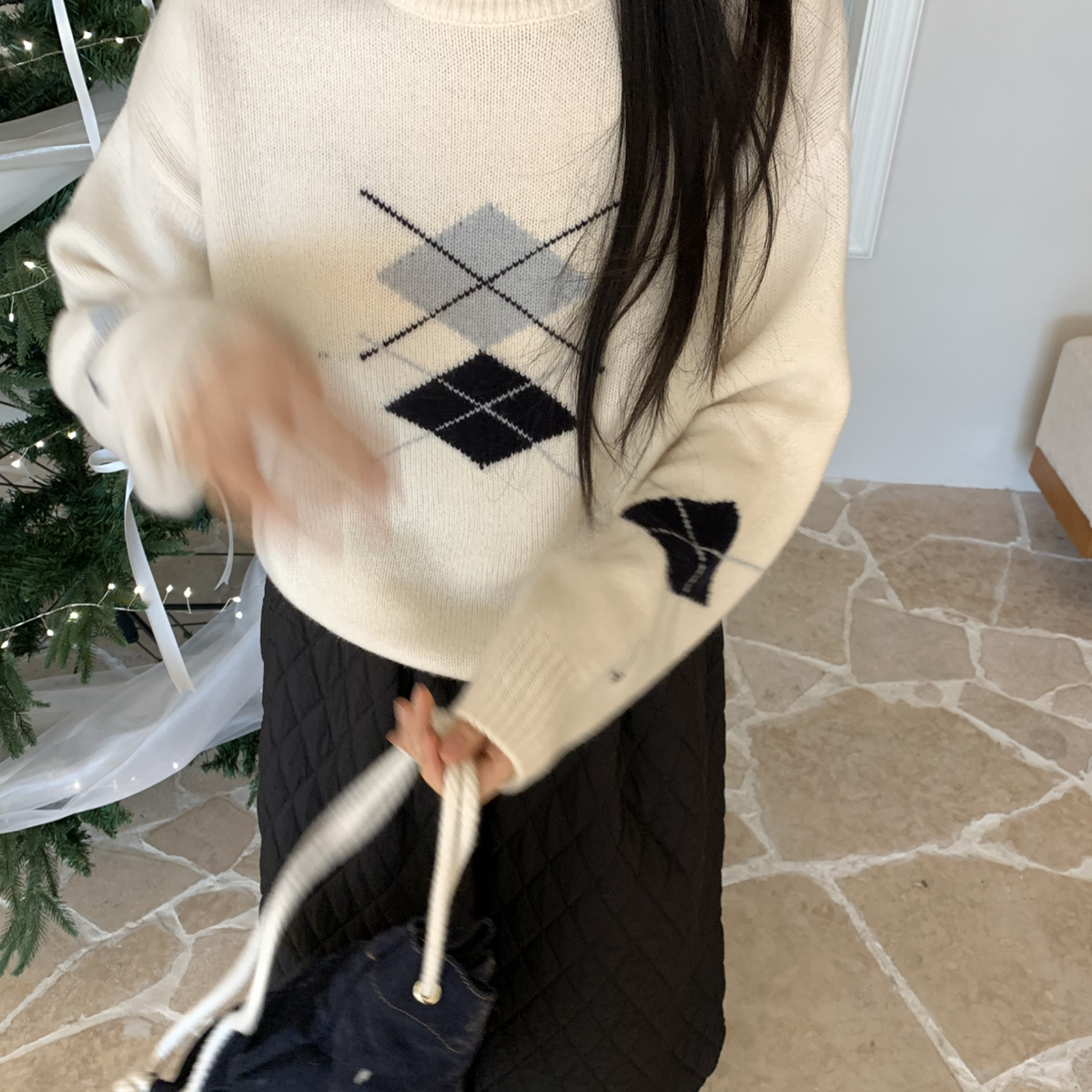 SHEEP.-韩系菱格提花圆领保暖毛衣（含100羊毛）1081017