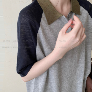 Mumu A690116 夏季 福利拼色Polo领宽松百搭超细爽肤麻针织衫