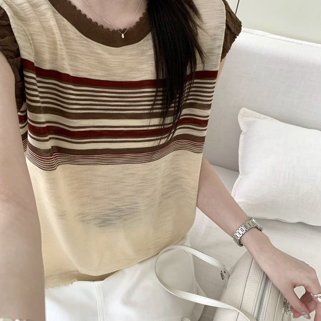 TOMORROW-夏上新老钱休闲奶茶咖啡色条纹撞色背心26YIY61919