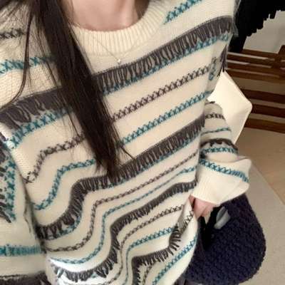 TOMORROW-闲条纹流苏浣熊套头加厚保暖毛衣（含27.9绵羊毛）SYW58