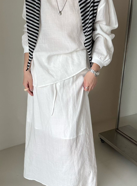 Hand made-钱风慵懒亚麻小衫+百搭半身裙两件套套装(配披肩)6083