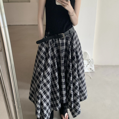 ONE TIME-春上新法式复古格形印花拼接背心连衣裙(配腰带)XM32718