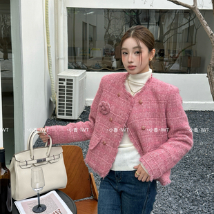 29229 iwt 配胸针可拆卸 复古小香风撞色短羽绒外套 冬上新法式