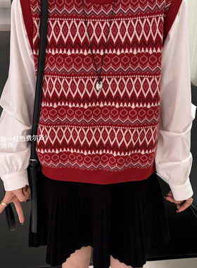 TB媞宝-春定染红色系费尔岛提花慵懒泡泡袖拼接假两件针织衫75175