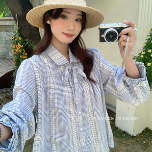 SUSAN-26年早春肌理格纹翻领褶皱绑带小衫GL106