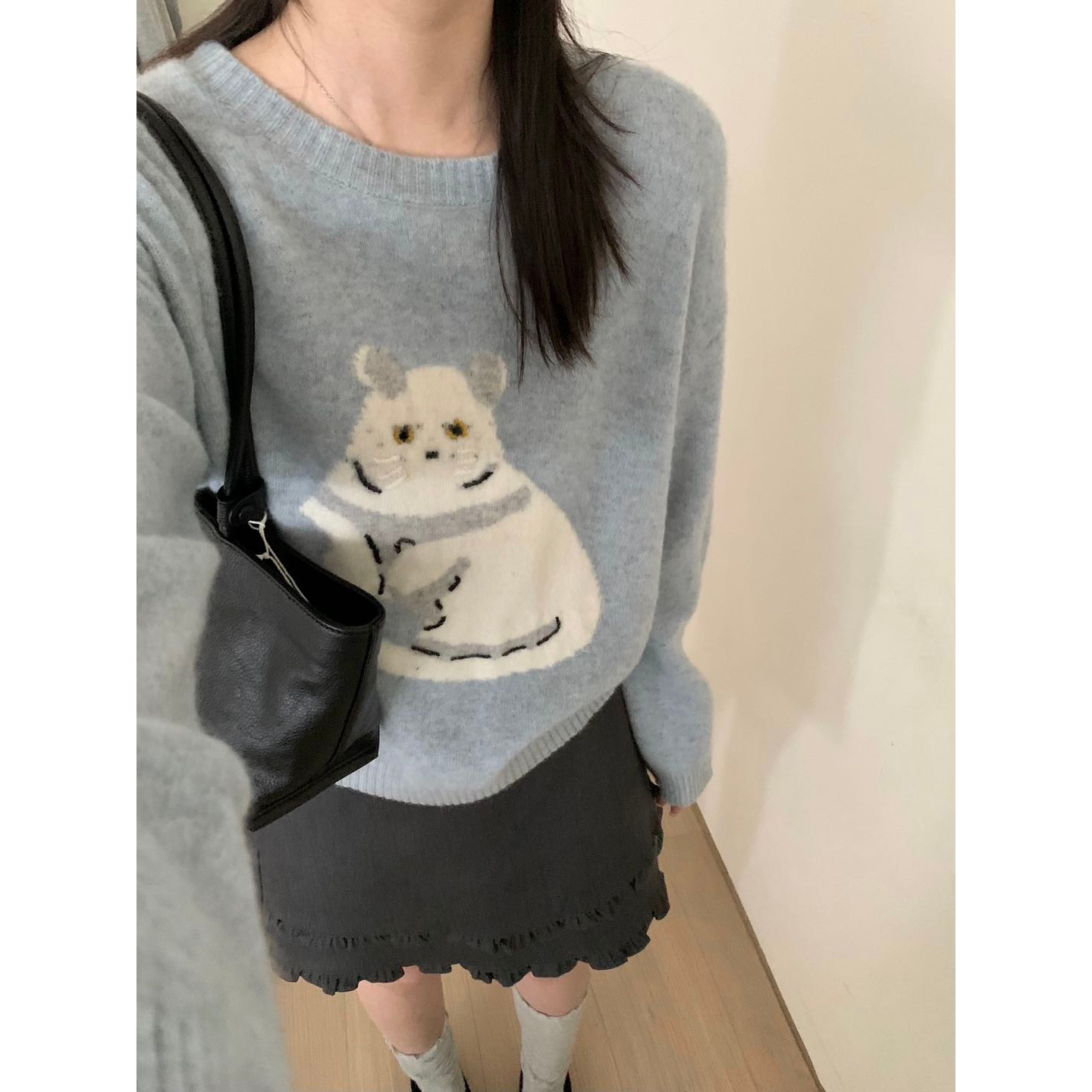 TOMORROW系卡通生气猫猫提花圆领套头针织衫含736绵羊毛M009