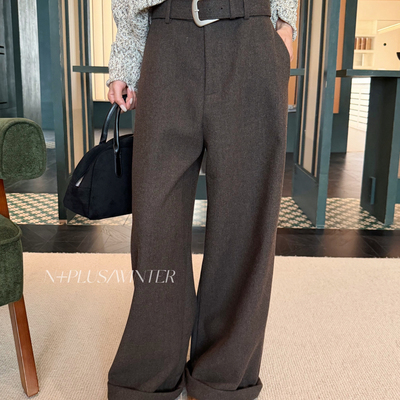 N+PLUS-腰阔腿裤毛边卷边设计加绒西裤(配腰带)（含23羊毛）S9169