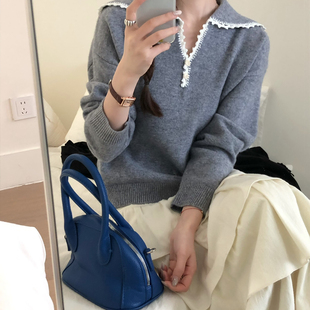 OMELET蛋卷-龄百搭海军领拼色蕾丝长袖保暖毛衣（含100羊毛）LM92
