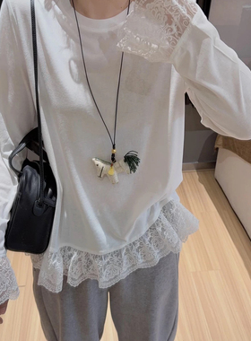 杭楚-丝花边长袖T恤2026早春新款洋气宽松圆领上衣长袖T恤30738#