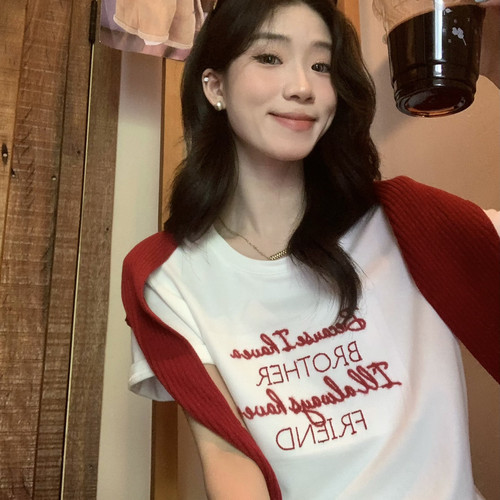 SUSAN-自带流量爆款t韩系复古字母刺绣通勤短袖T恤(配披肩)Y807h