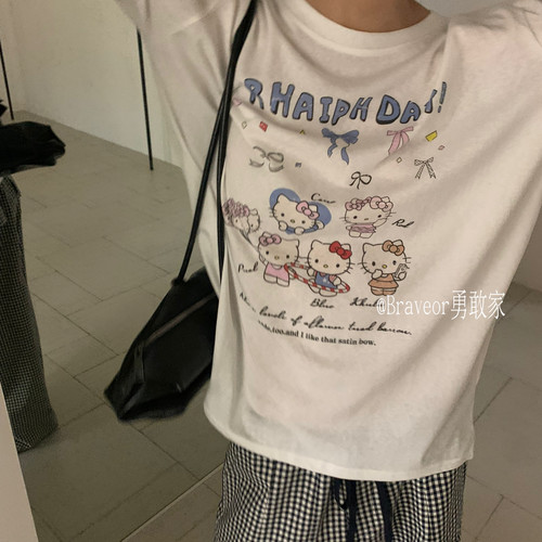 Braveor-换季爆款甜美可爱圆领宽松蝴蝶结猫咪印花防晒长袖T恤HB1