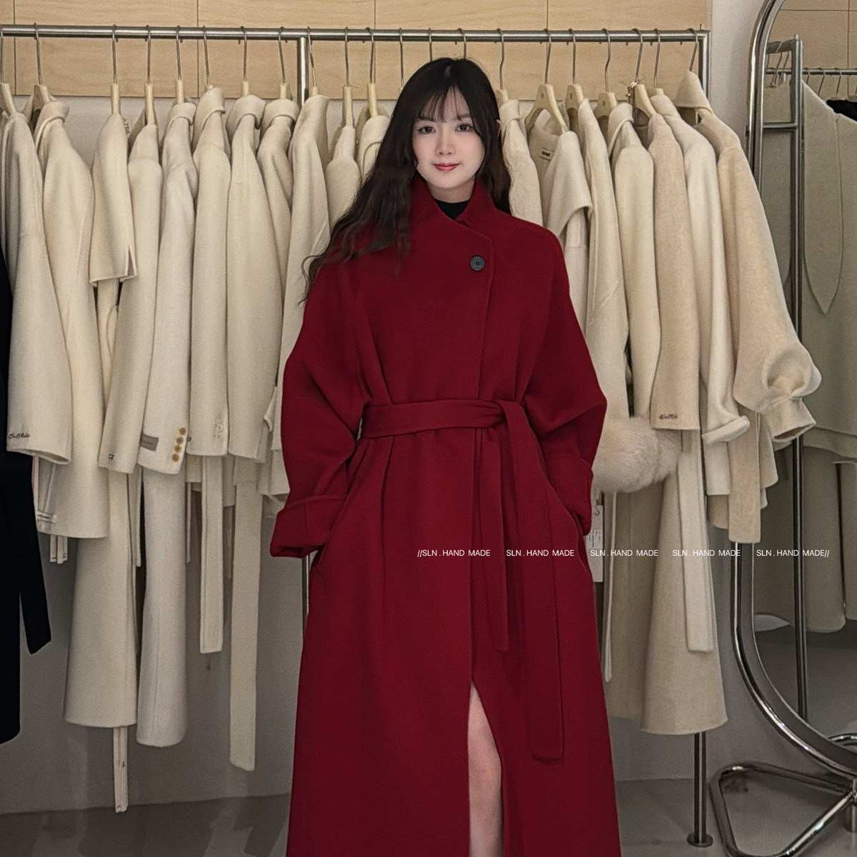 SLN-荐气质简约一粒扣长款羊毛外套(配腰带)（含100羊毛）717802-