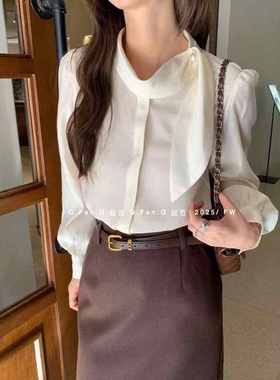 秋上新！【起范】小众设计感圆领珍珠扣衬衫（含6%羊毛）  87093