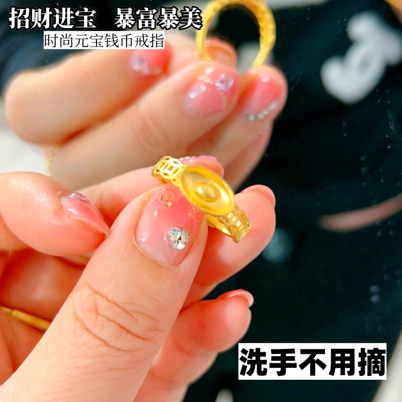 古法沙金女戒指镀金戒指环活口铜合金原创中国风元宝戒指久不掉色